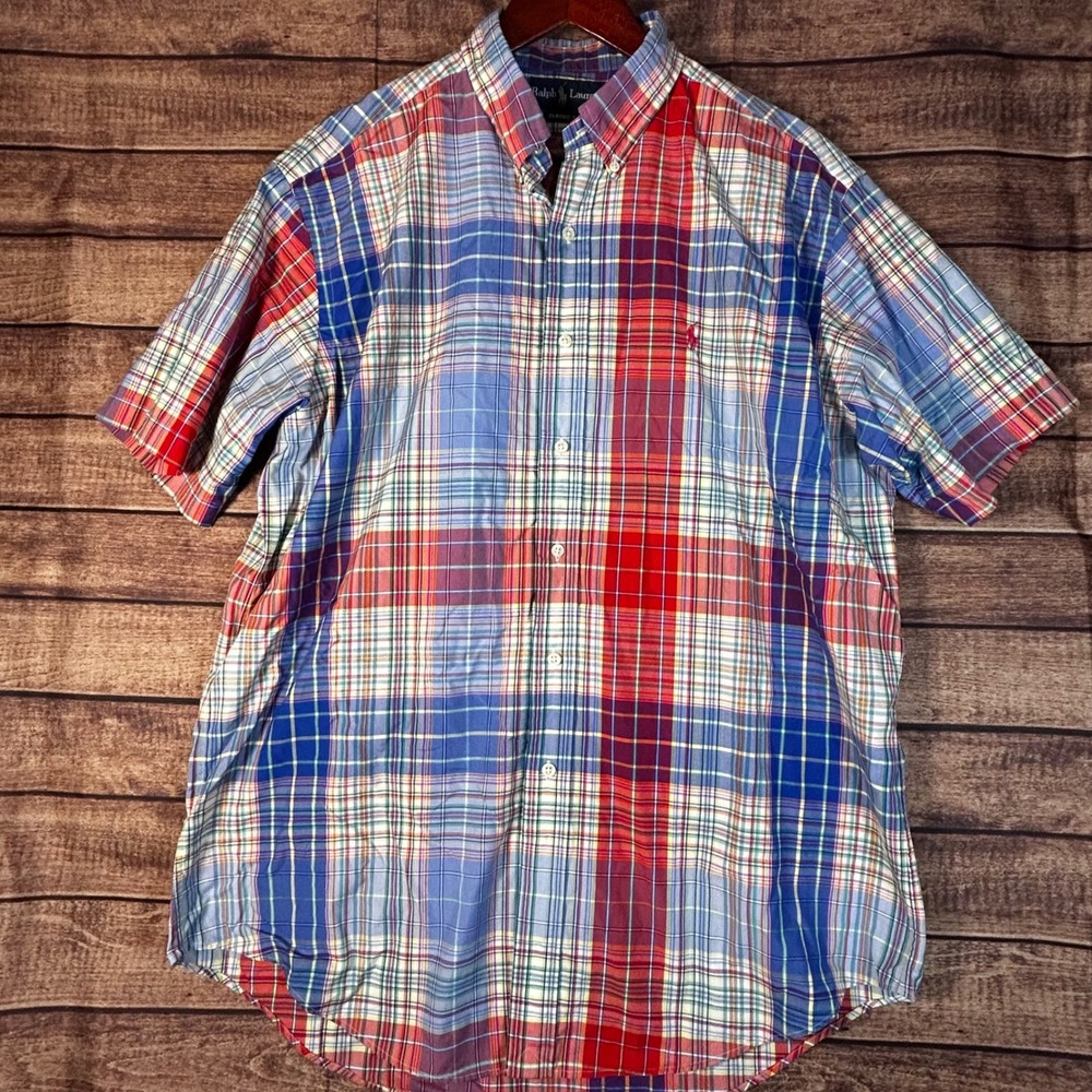 Polo Ralph Lauren Mens Large Classic Fit Plaid Madras Short Sleeve Button Shirt